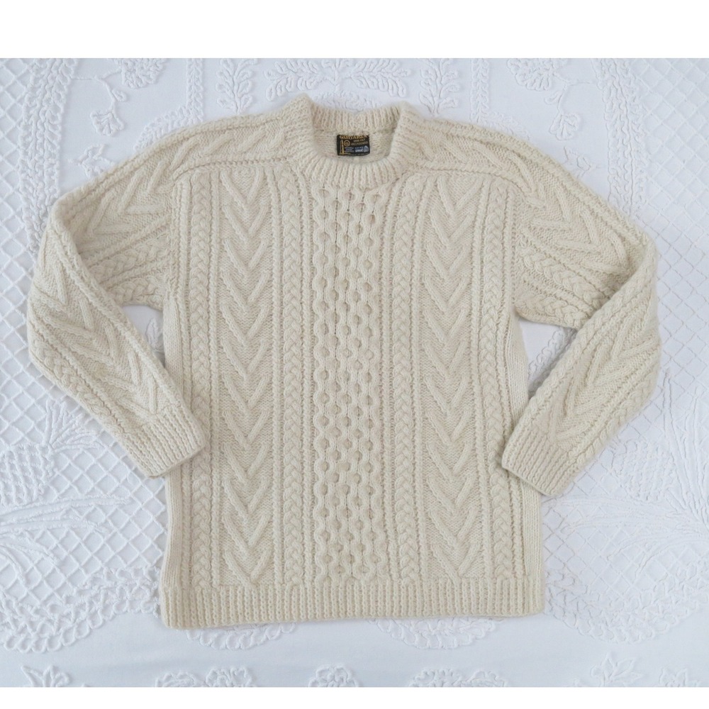 Gaeltarra 46 Small Cable Aran Sweater Cream Wool Irish Fisherman Vintage